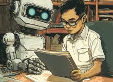 An image generated by Midjourney from the prompt “A Filipino journalist and a friendly robot working side by side in a newsroom.” Credit: https://reutersinstitute.politics.ox.ac.uk/news/i-created-ai-tool-help-investigative-journalists-find-stories-audit-reports-heres-how-i-did-it
